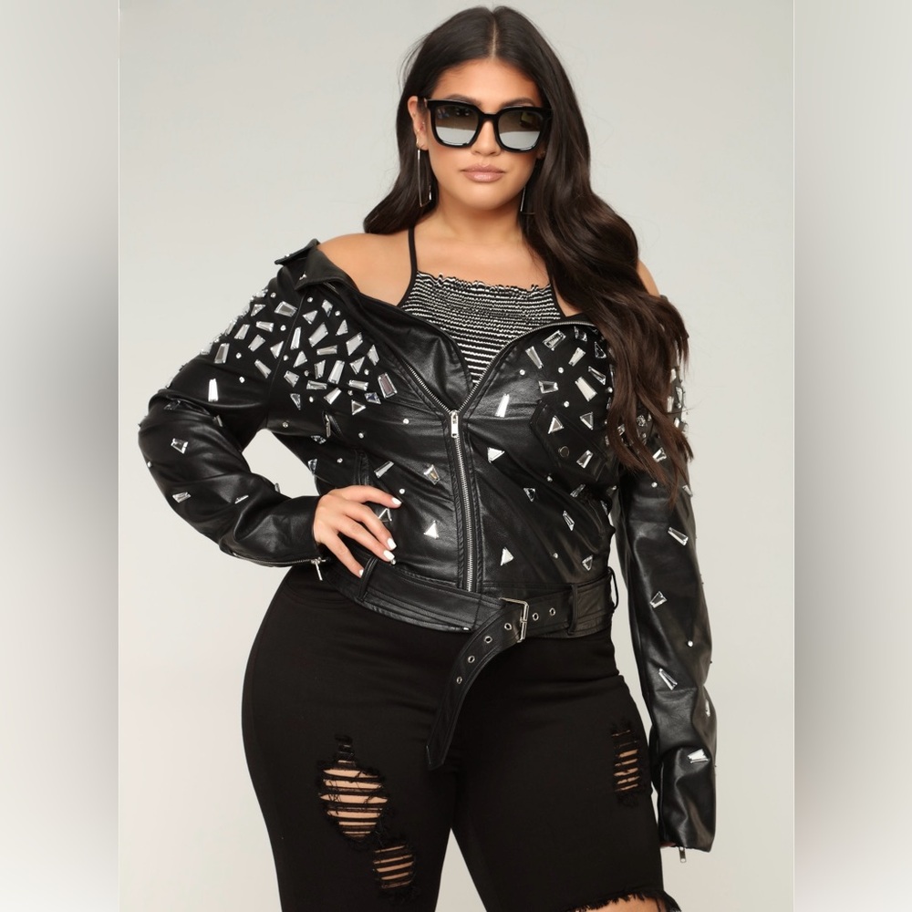 Edgy Black Off the Shoulder Moto Jacket with Mirror Embellishments